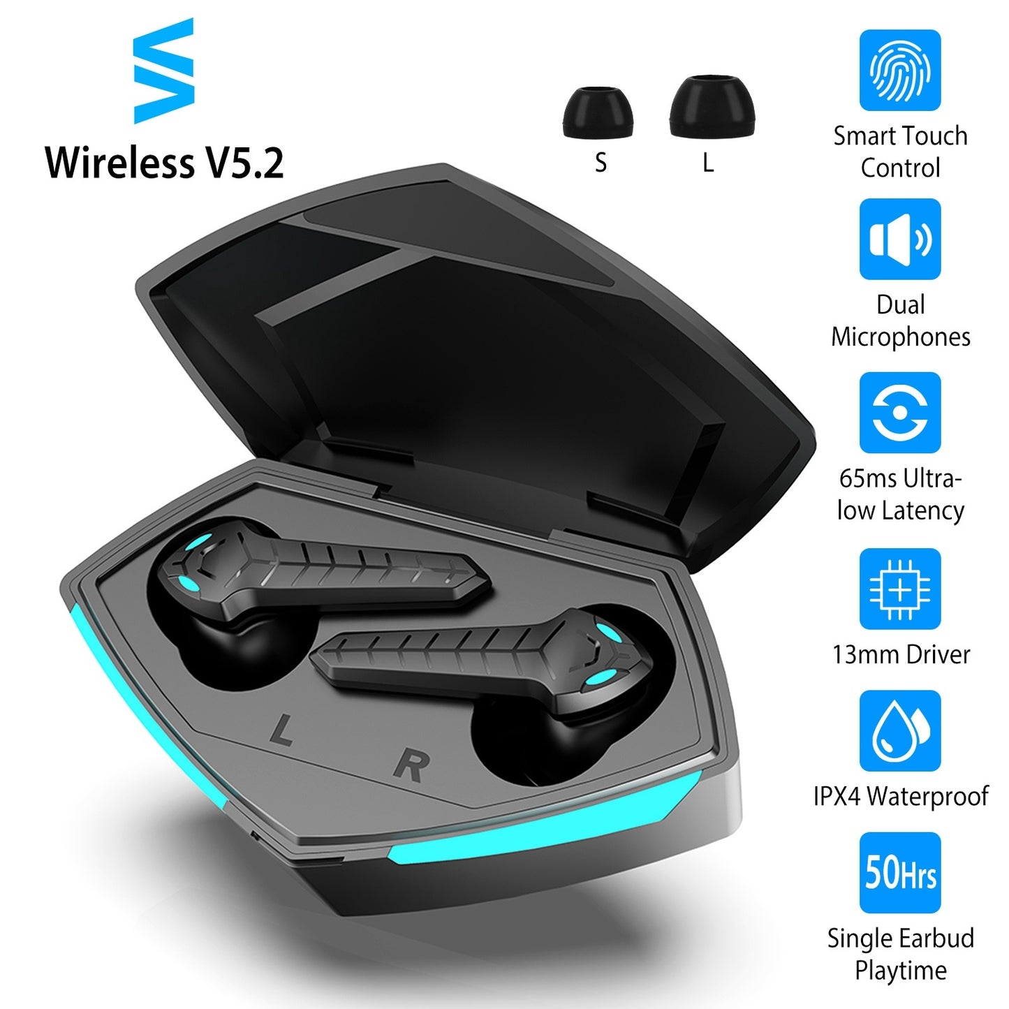 Wireless V5.2 Gaming Earbuds IPX4 Waterproof Touch Control Earphones