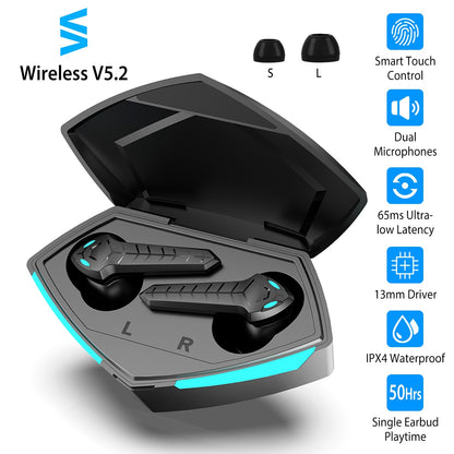 Wireless V5.2 Gaming Earbuds IPX4 Waterproof Touch Control Earphones