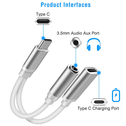 USB Type C to 3.5mm Aux Audio Charging Adapter TPE Metal Shell