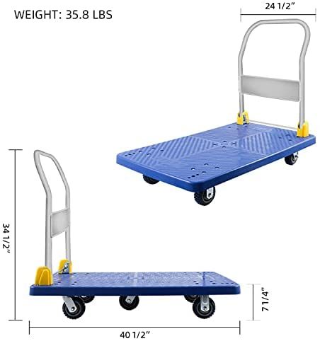 YSSOA Platform Truck with 1320lb Weight Capacity and 360 Degree Swivel Wheels, Foldable Push Hand Cart for Loading and Storage, Blue