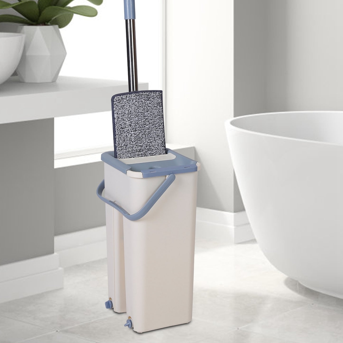 Flat Floor Mop Bucket Set Self Cleaning Wet Dry Usage with 2Pcs Reusable Microfiber Mop Pads