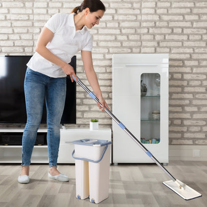 Flat Floor Mop Bucket Set Self Cleaning Wet Dry Usage with 2Pcs Reusable Microfiber Mop Pads