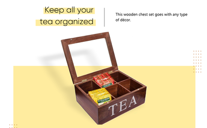 WILLART Wooden Rectangular Tea Storage Chest Box with 6 Compartments (Brown, Sheesham Wood)