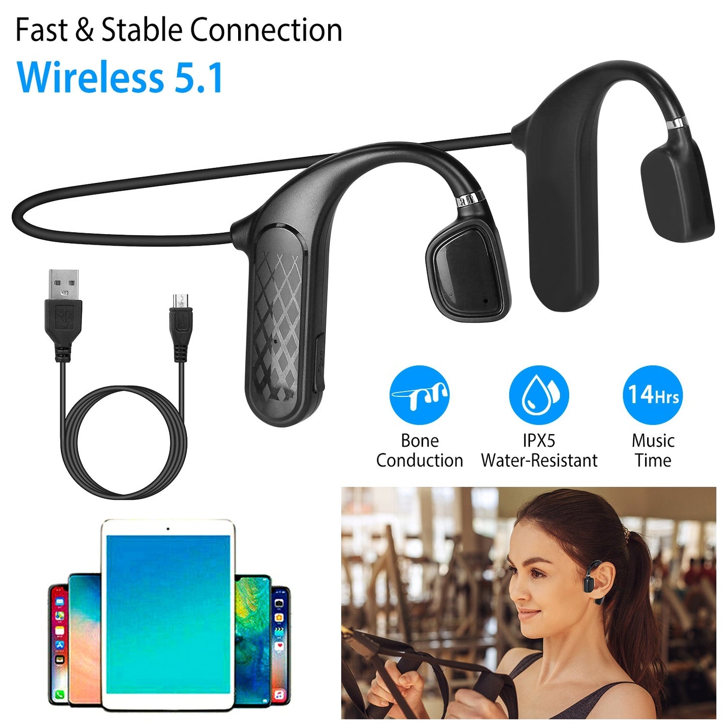 Wireless V5.1 Bone Conduction Earphones Open-Ear Wireless Headsets