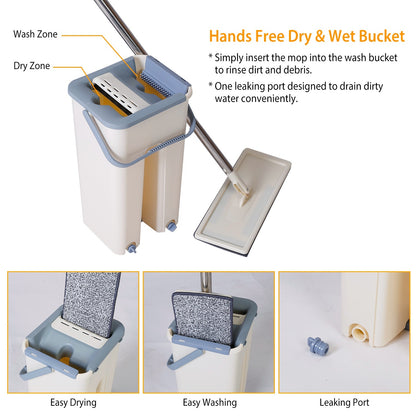 Flat Floor Mop Bucket Set Self Cleaning Wet Dry Usage with 2Pcs Reusable Microfiber Mop Pads